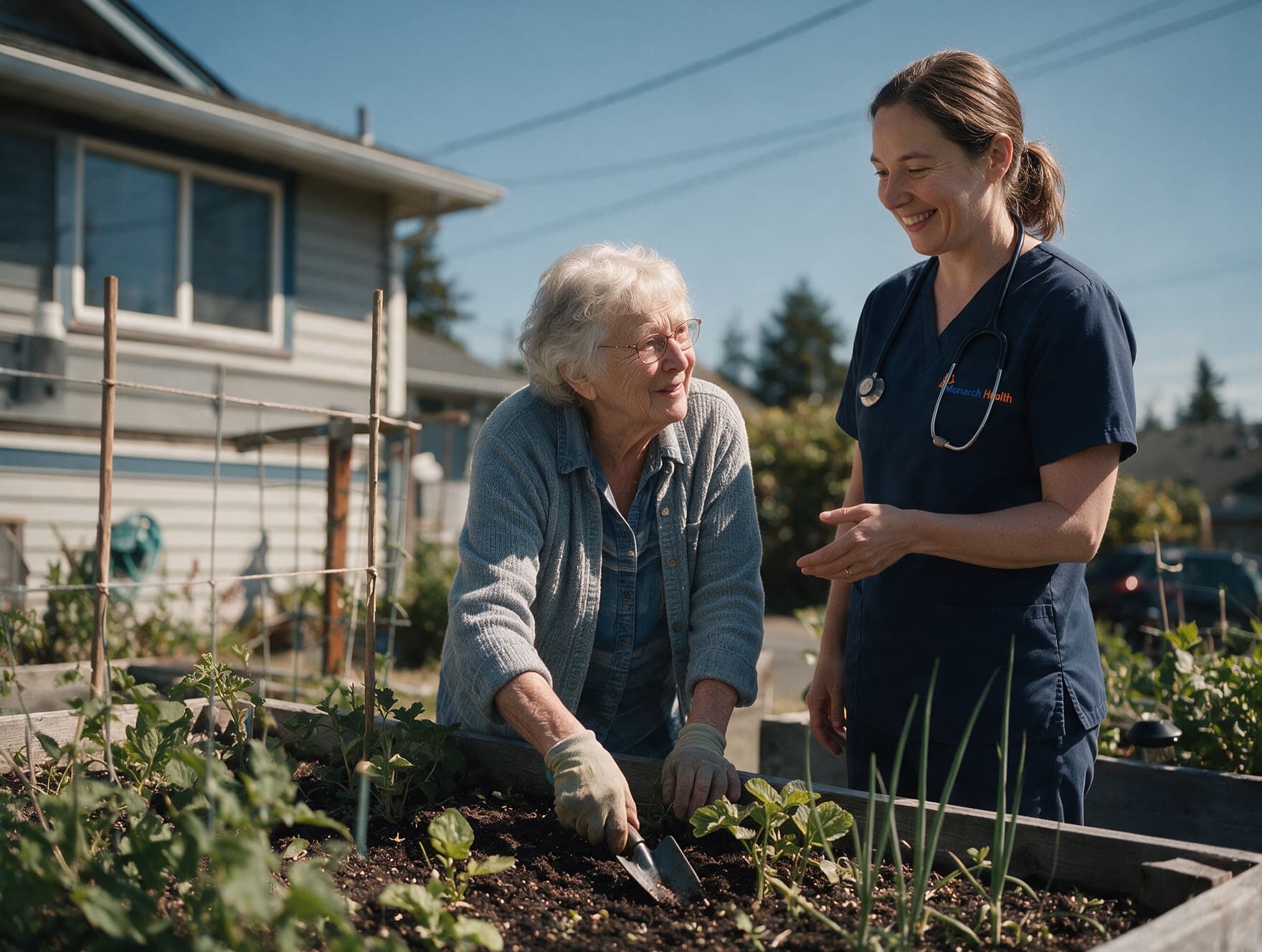 A woman in her seventies tending garden beds outside her home while a nurse chats with her.