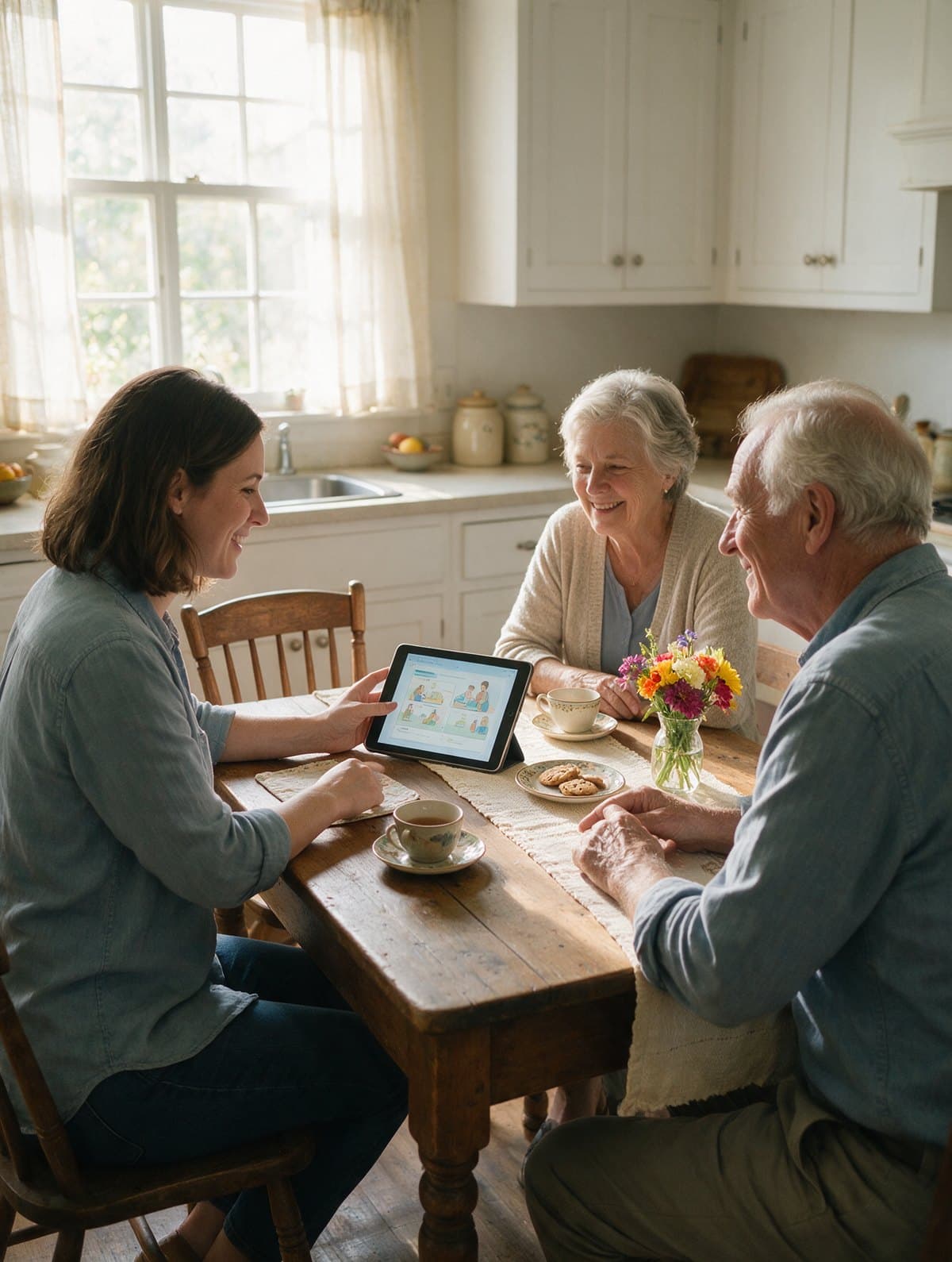 A care coordinator showing a plan on a tablet to an older couple at their kitchen table.