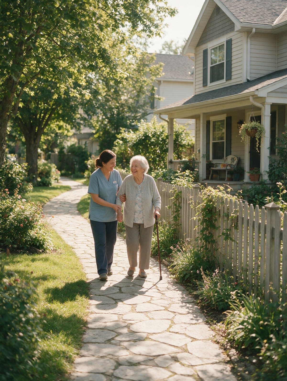A care worker walking beside an older woman with a cane along a sunny path by her house.