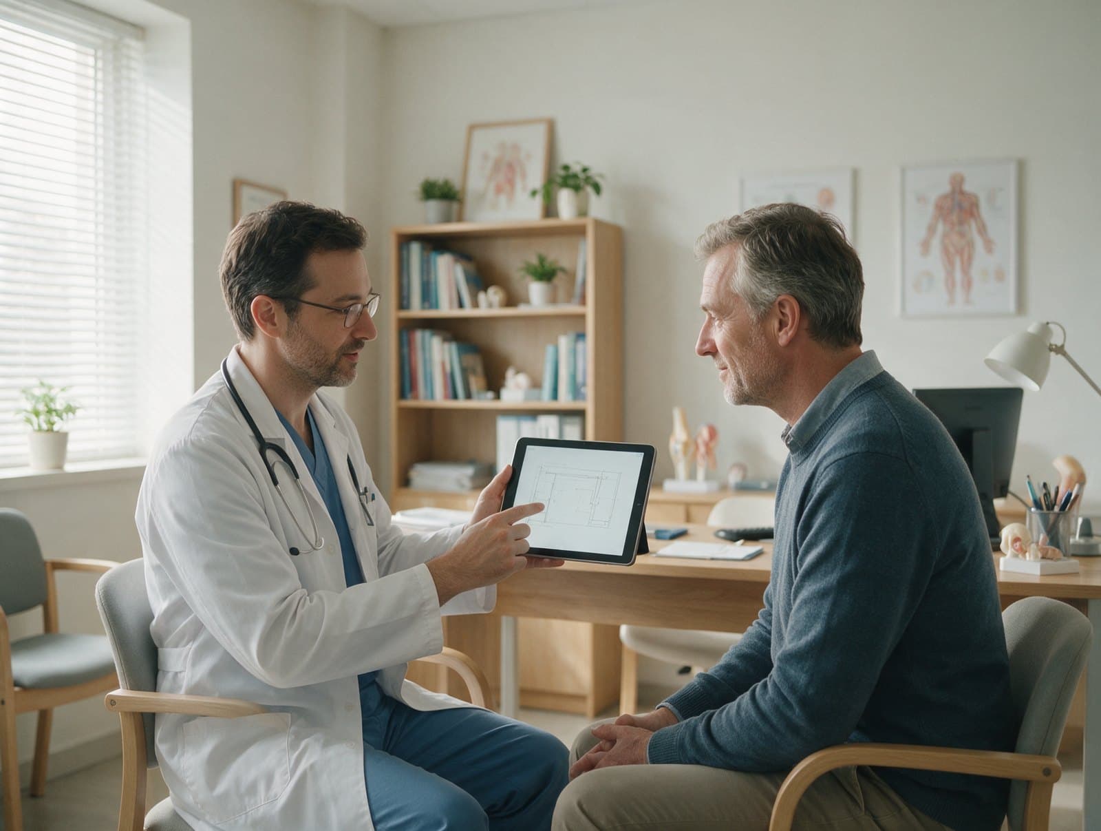 A physician and a man in his fifties sitting across a desk in a bright consulting room, the physician pointing to a plan on a tablet.