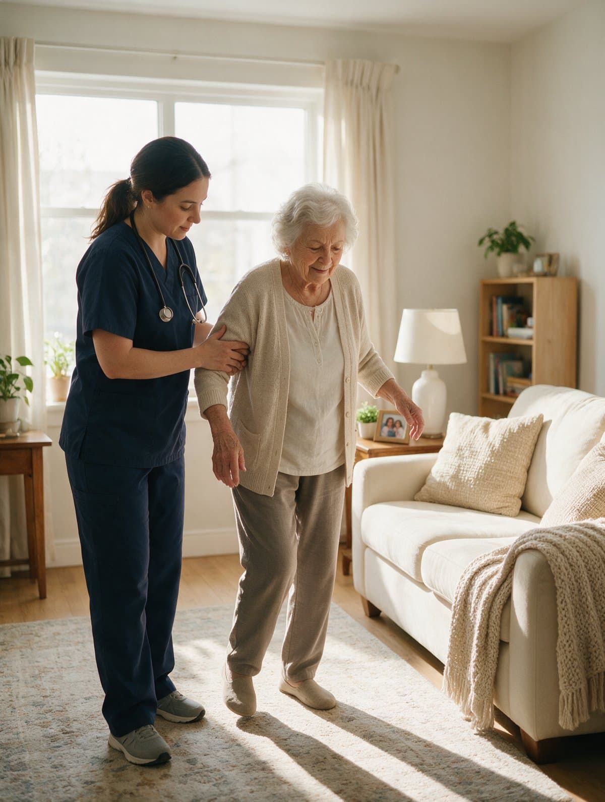 A nurse steadying an older woman as she walks across her living room during a balance check.