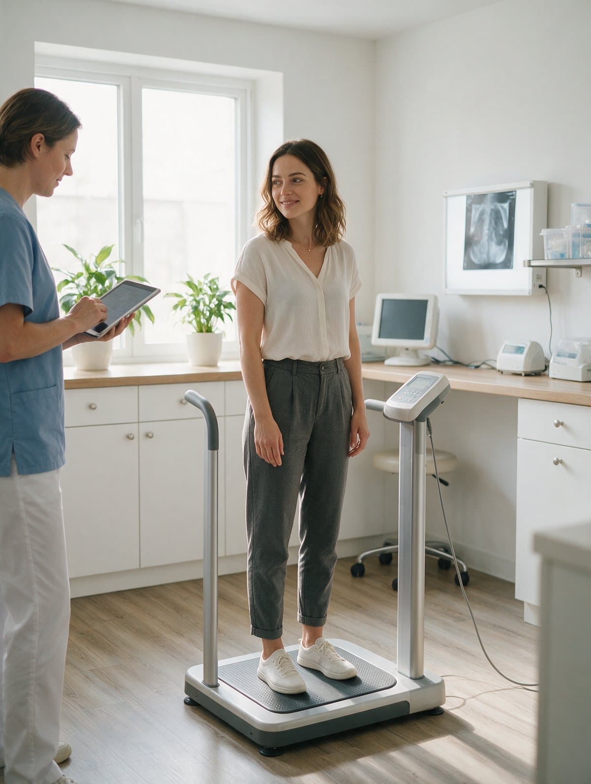 A young professional woman standing on a body composition analyzer in a bright clinic while a clinician reads the result on a tablet.