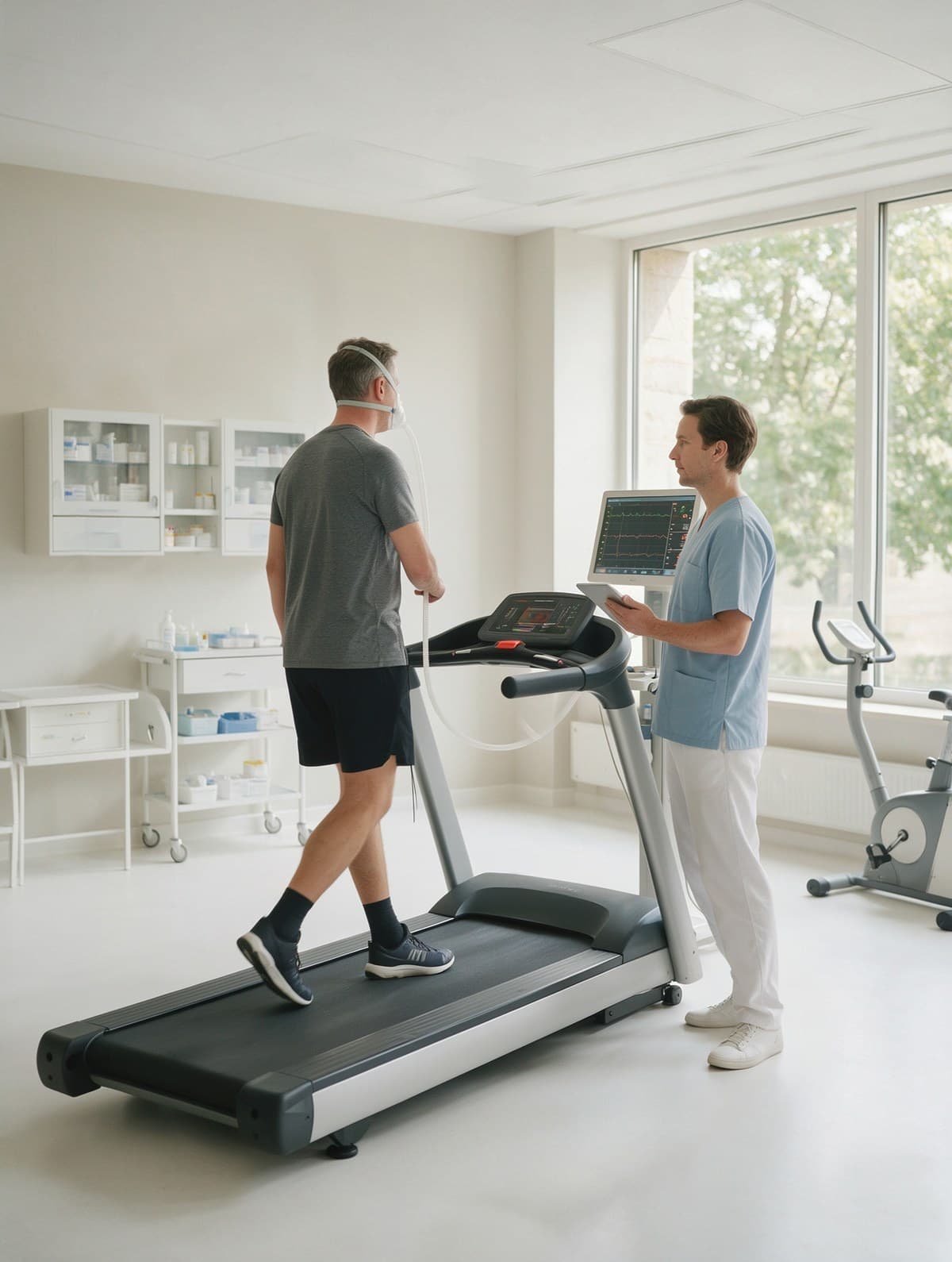 A man walking on a treadmill, looking ahead at its display, during a fitness test in a bright clinic with a clinician beside him.