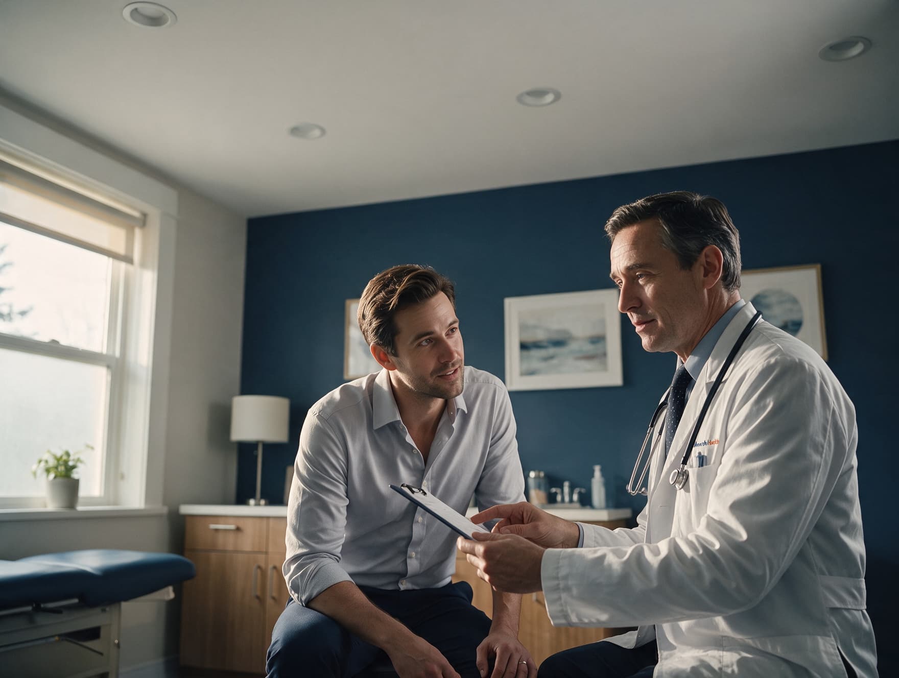 A man in his thirties having results explained by a physician in a clinic room.