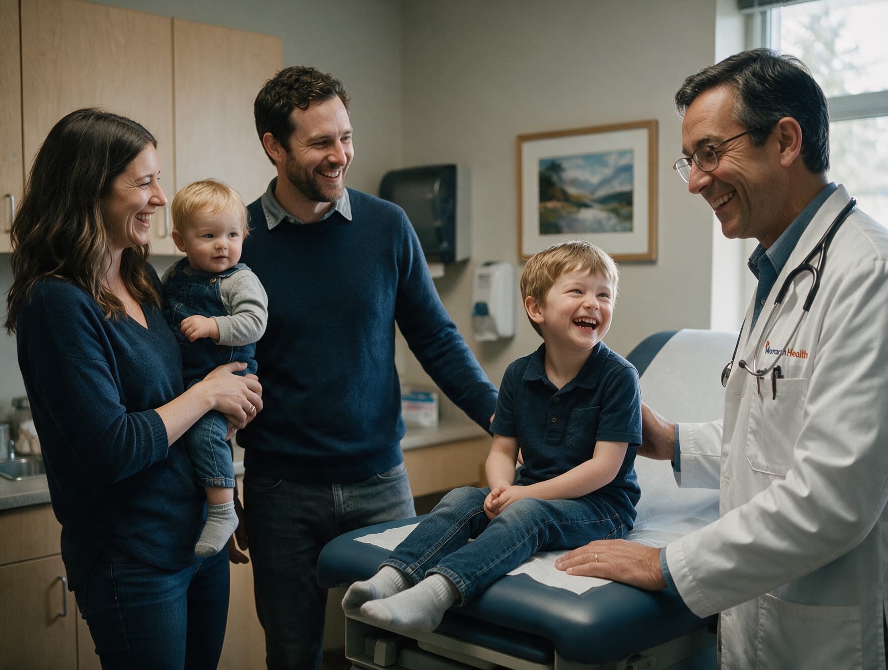 A young family with two children in a family medicine clinic with a physician.