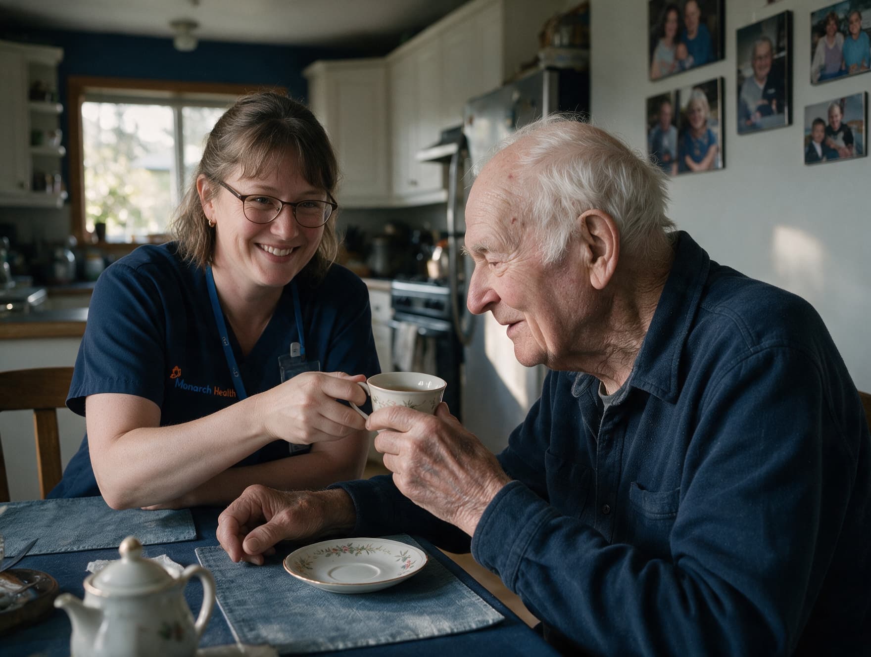 A care worker and a man in his eighties sharing tea at his kitchen table.