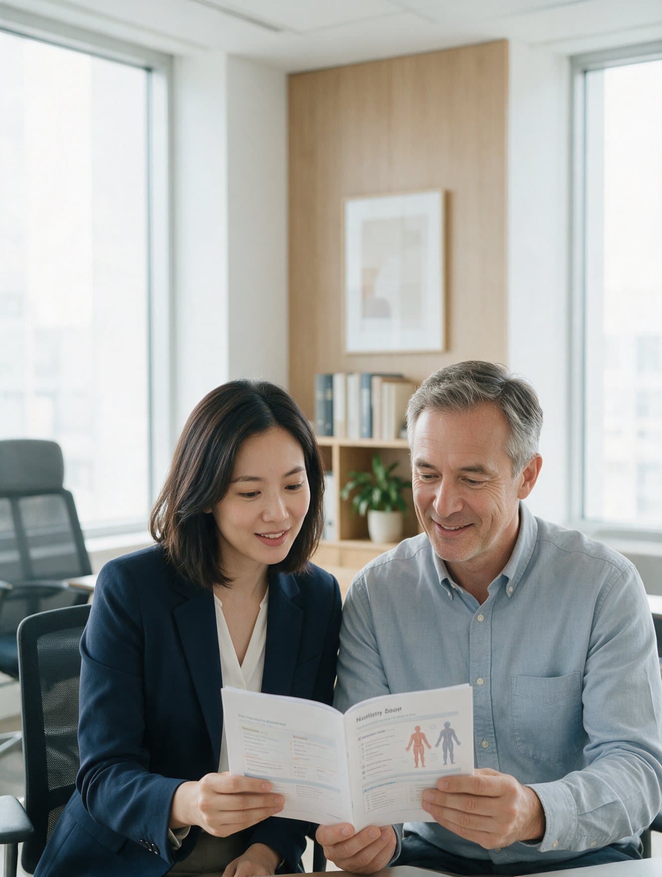 A woman in a navy blazer and a man in his fifties looking through a health summary booklet together in a bright office.