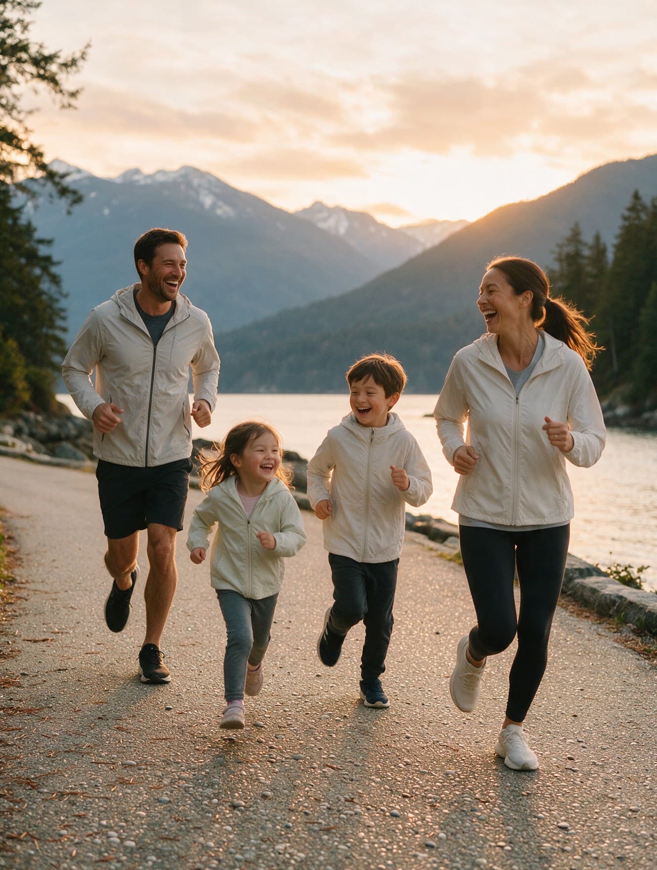 A family of four, two parents and two children, jogging together along a seaside path at sunset, laughing.