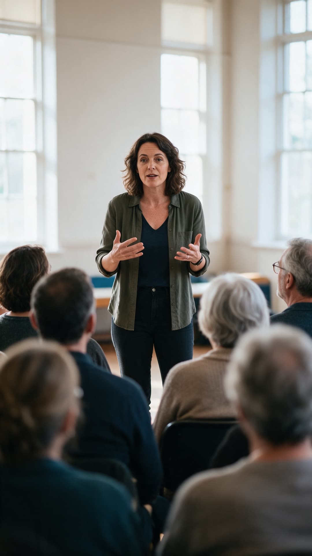 A speaker presenting to a seated audience in a bright hall.