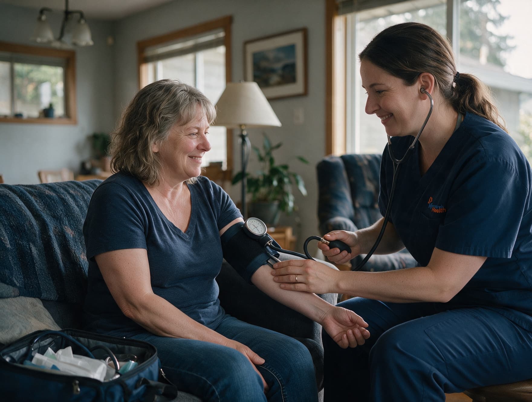A community nurse taking a woman's blood pressure in her living room.