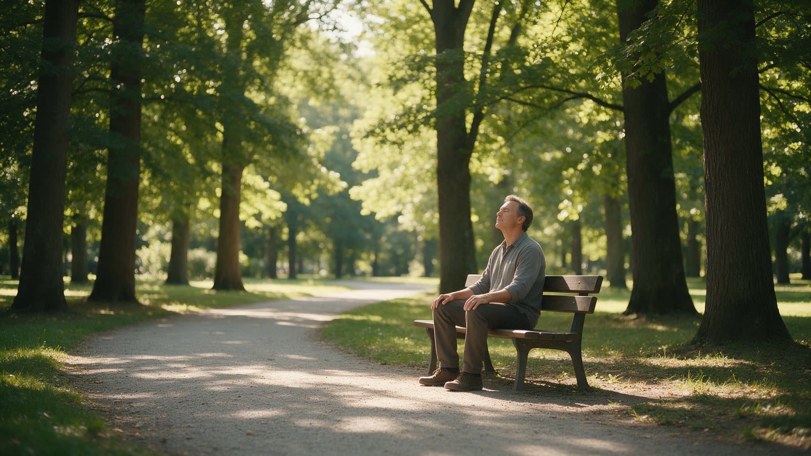 A man sitting on a park bench among tall trees, looking up and breathing slowly.