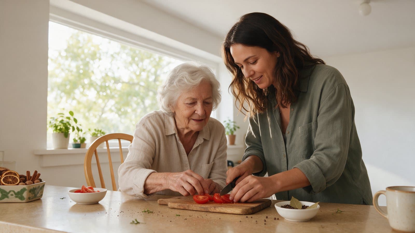 An older woman and her adult daughter slicing tomatoes together at a kitchen table.