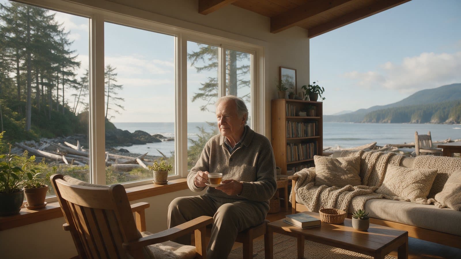 An older man sitting by a bright window at home with a cup of tea, the sea beyond.