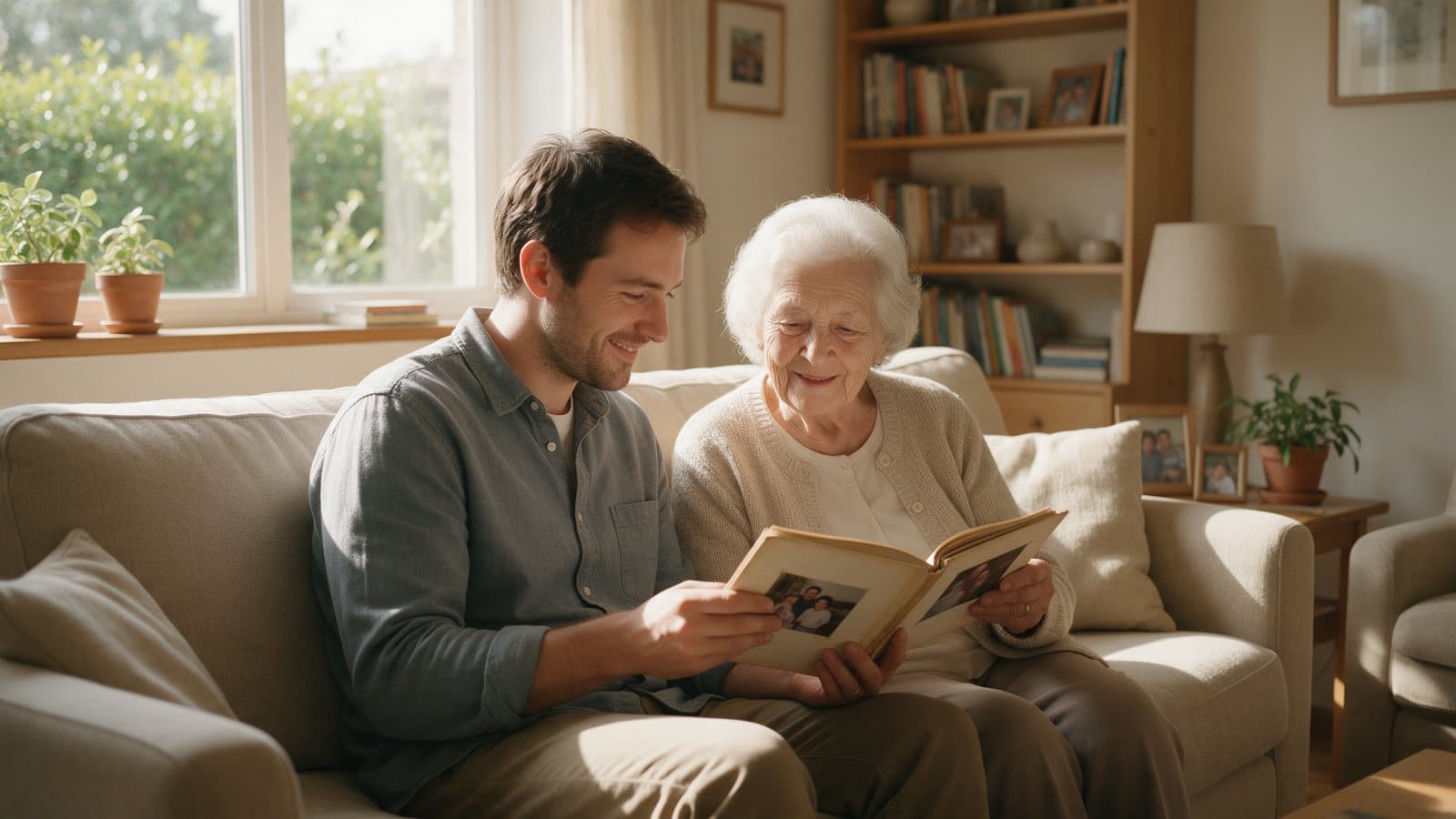 A man and his elderly mother looking through a photo album together on a sofa.
