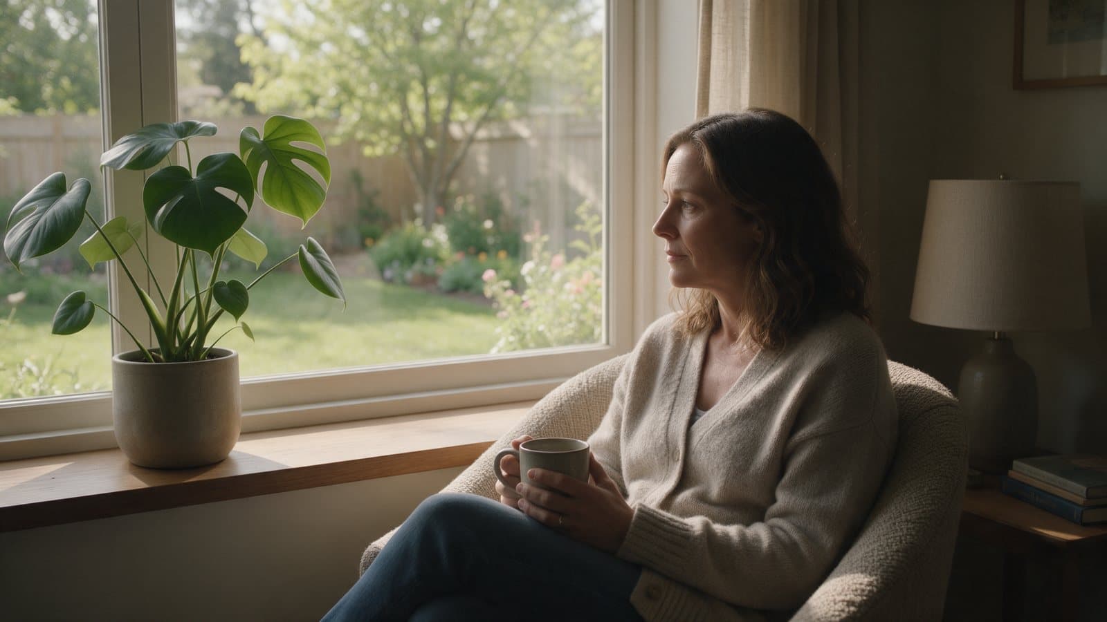 A woman sitting in an armchair by a sunny window holding a mug.