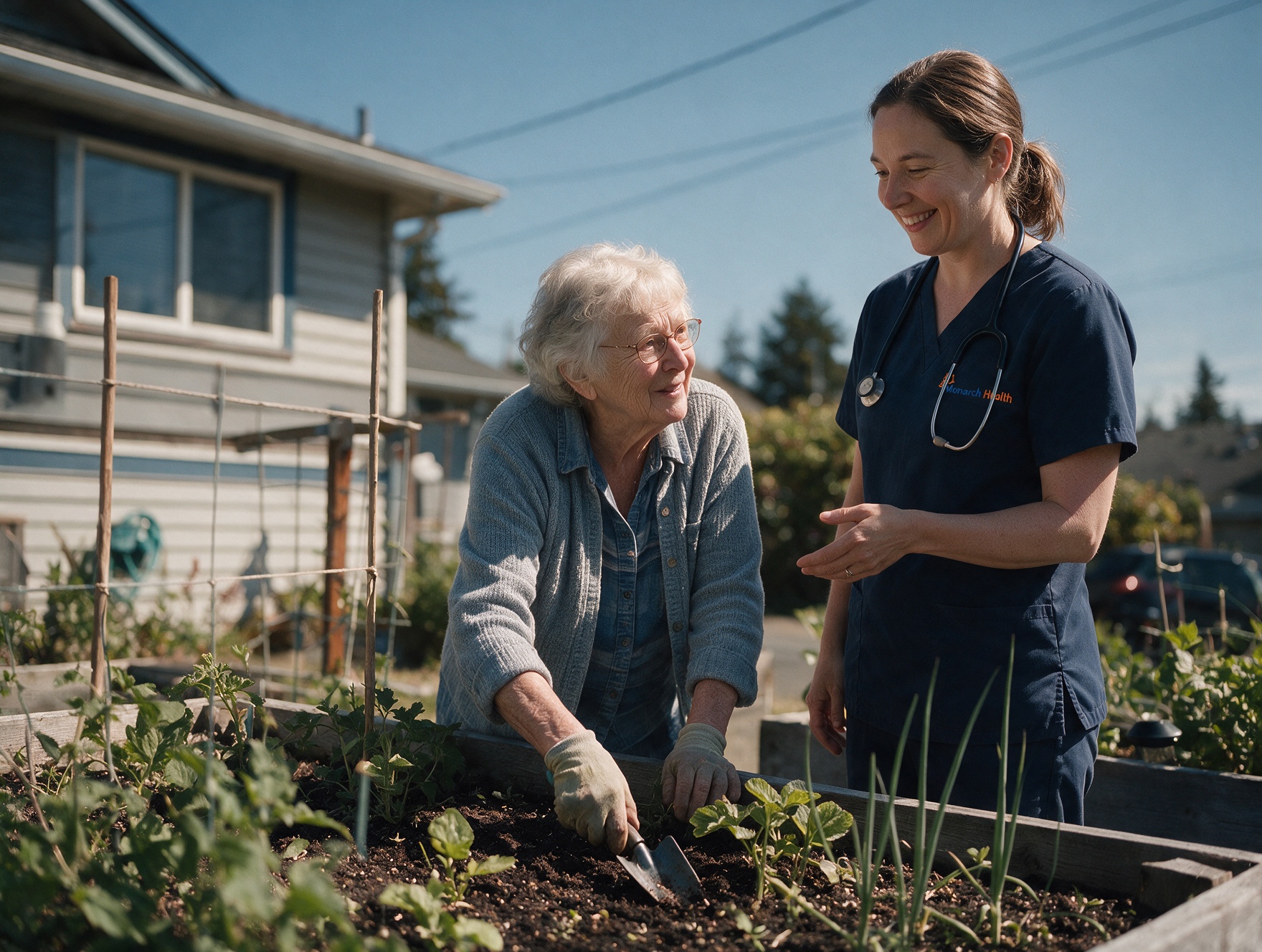 A woman in her seventies tending garden beds outside her home while a nurse chats with her.
